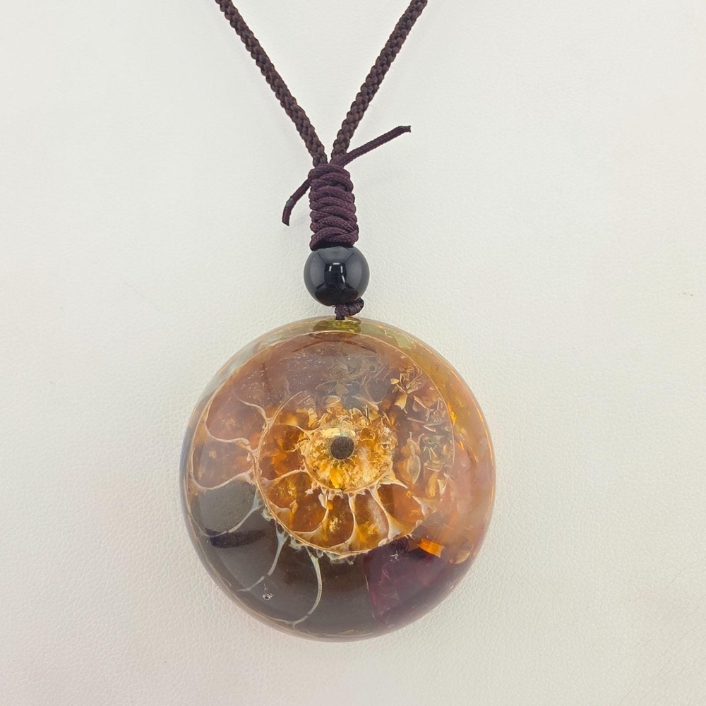 Snail Fossil Necklace Ammonite Copper Crystals 7 Chakra Clear Resin 30"